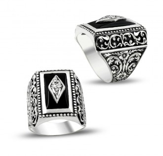 Erzurum El İşçiliği Siyah Mineli Gümüş Yüzük
