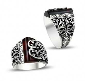 Erzurum El İşi Kalem İşçilikli Ateş Kehribar Gümüş Yüzük