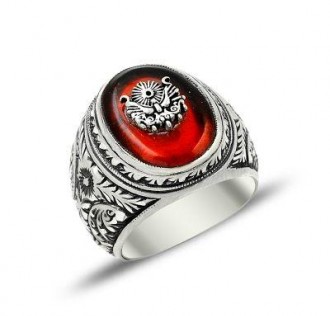 Erzurum El İşi Sıkma Kehribar Osmanlı Armalı Gümüş Yüzük