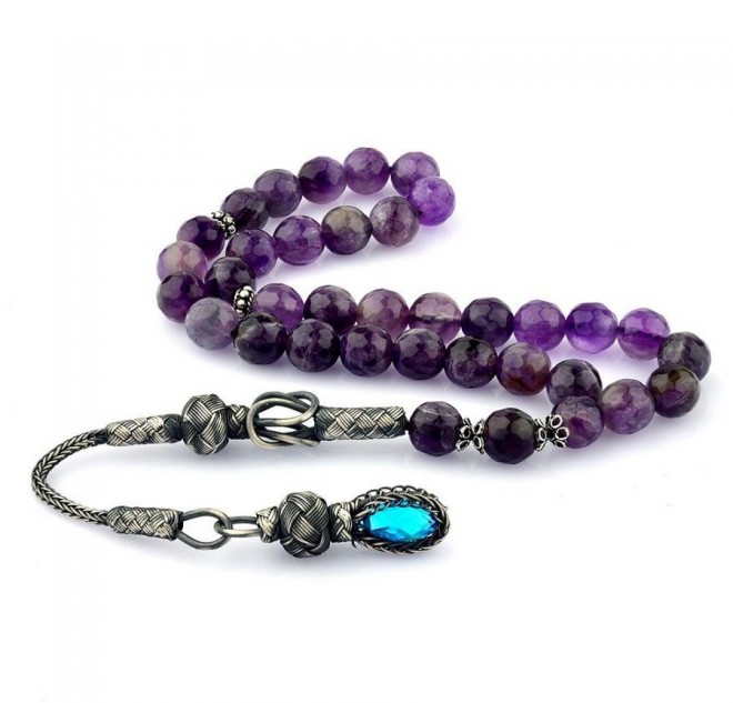 Fasetalı Ametist Taşlı 1000 Ayar Kazaz Püsküllü Tesbih