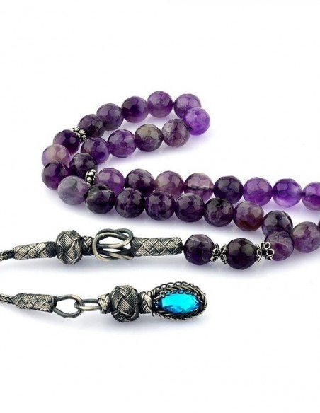 Fasetalı Ametist Taşlı 1000 Ayar Kazaz Püsküllü Tesbih