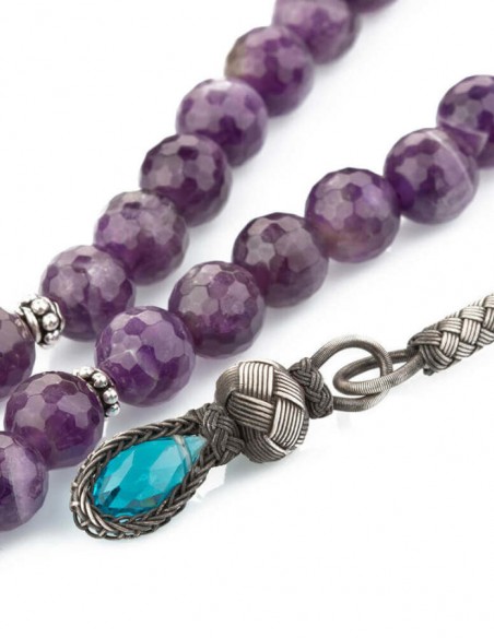 Fasetalı Ametist Taşlı 1000 Ayar Kazaz Püsküllü Tesbih