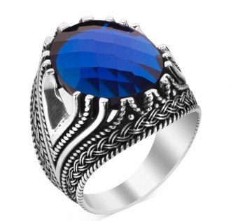 Fasetalı Zirkon Mavi Taşlı Gümüş Erkek Yüzük 2