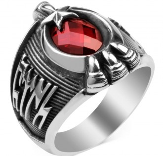 Göktürkçe Türk ve Bozkurt Motifli Pençeli Gümüş Yüzük 2