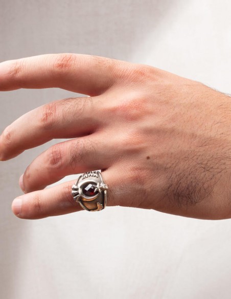 Göktürkçe Türk ve Bozkurt Motifli Pençeli Gümüş Yüzük