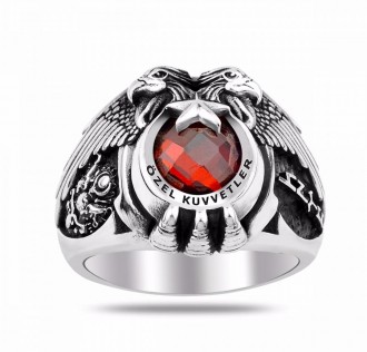 Göktürkçe Türk Yazılı Osmanlı Armalı Çift Başlı Özel Kuvvetler Yüzüğü