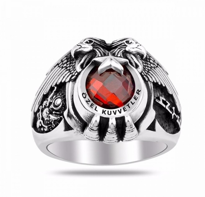 Göktürkçe Türk Yazılı Osmanlı Armalı Çift Başlı Özel Kuvvetler Yüzüğü