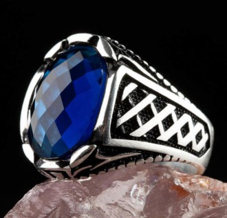 Gümüş Oval Mavi Zirkon Taşlı Erkek Yüzük