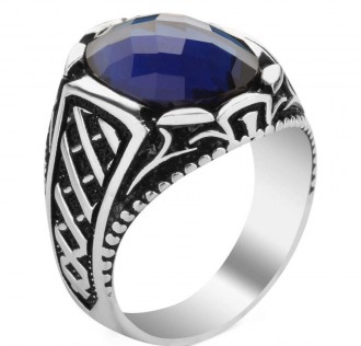 Gümüş Oval Mavi Zirkon Taşlı Erkek Yüzük 2