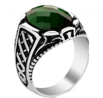 Gümüş Oval Yeşil Zirkon Taşlı Erkek Yüzük 2